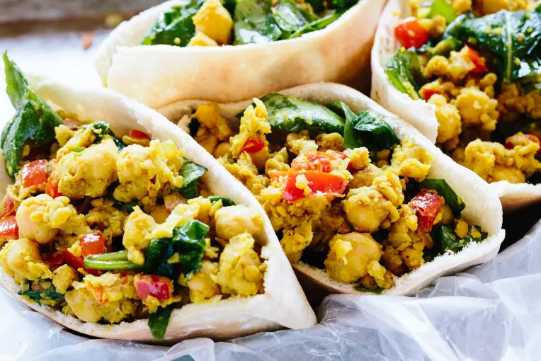 Scrambled Chickpea and Spinach Pitas